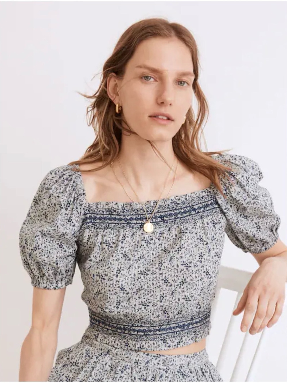 Madewell Blue and White Floral Smocked Crop Top